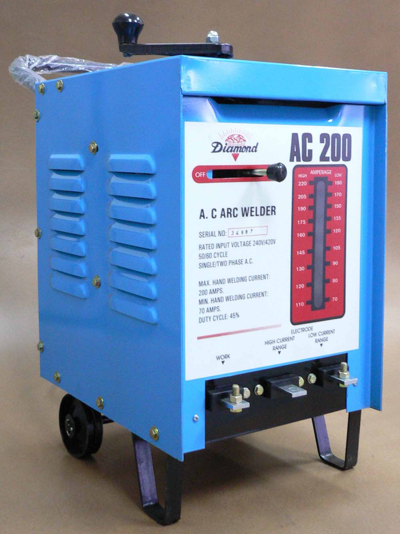 The AC 200 is the modern moveable core current control welding machine. It is heavy duty core impregnated with high temperature varnish to protect against moisture, dust and thermal overload. Fan assisted cooling for greater reliability in heavy applications. It has the welding current ranges from 70A ~ 220A. 
