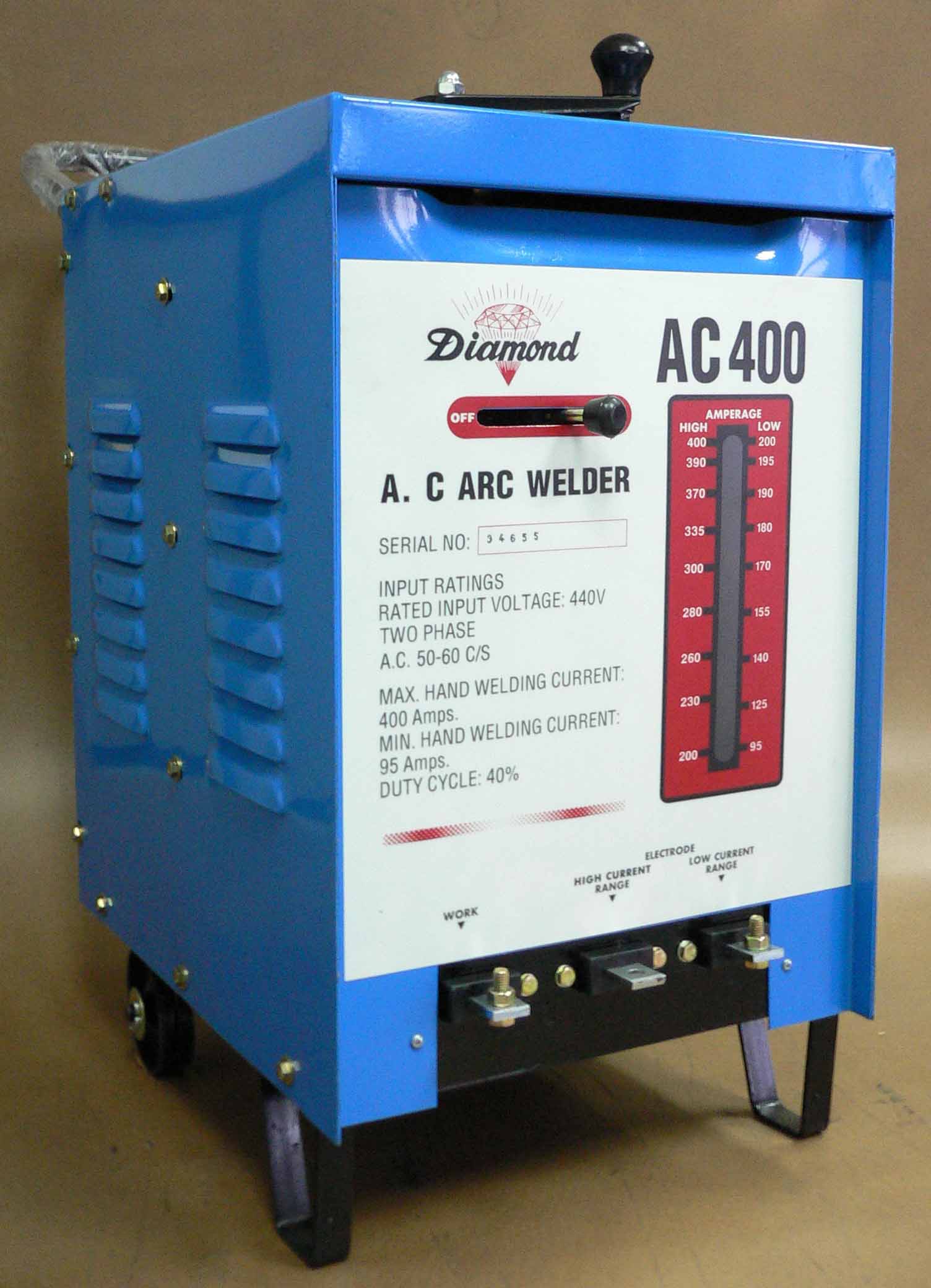 The AC 400 is the modern moveable core current control welding machine. It is heavy duty core impregnated with high temperature varnish to protect against moisture, dust and thermal overload. Fan assisted cooling for greater reliability in heavy applications. It has the welding current ranges from 95A ~ 400A.
