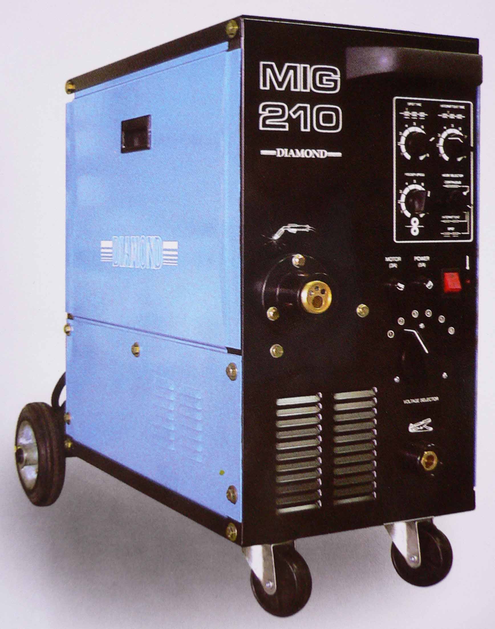 The MIG 210 has been developed to provide high quality arc welding for the light production and metal fabrication industry. It has a high reliability electronic control unit for a maximum consistency, together with a bank of high quality capacitors for maximizing power output. It has a 6 steps voltage selector, and the welding current ranges from 50A ~ 210A. A thermostat is designed in this unit for overload protection.
